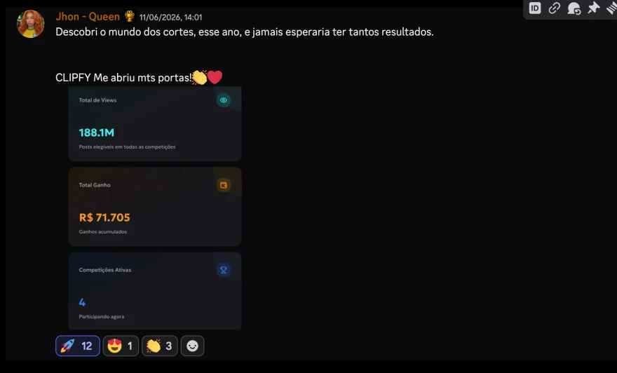 Relato da comunidade com visualizações e ganhos acumulados no painel da Clipfy.