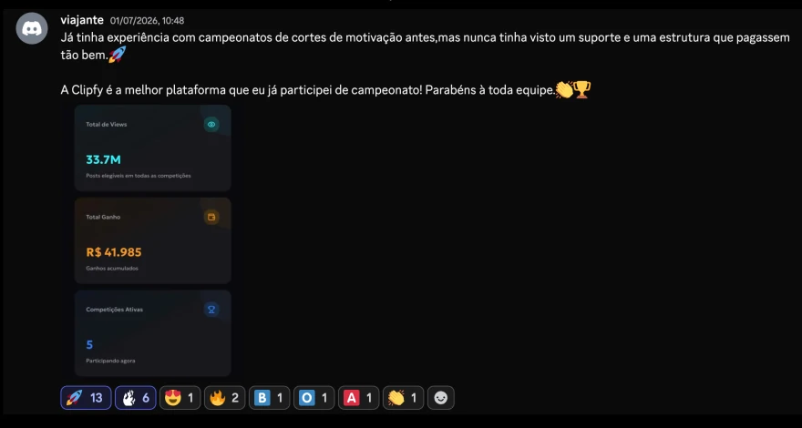 Depoimento de um clipador com uma captura de visualizações e ganhos na Clipfy.