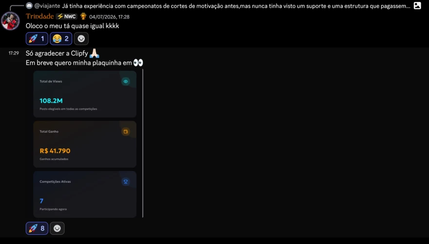Mensagens da comunidade e captura do painel com resultados de um clipador.
