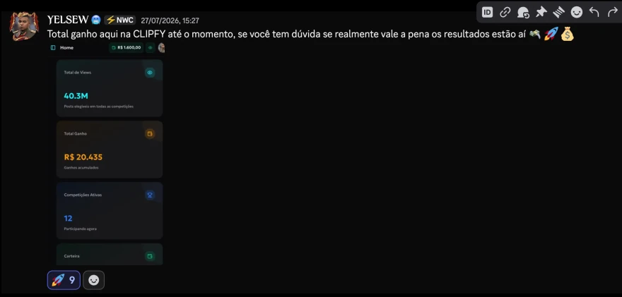 Relato de um clipador com seu painel de visualizações, ganhos e competições.