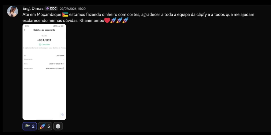 Relato de um clipador em Moçambique acompanhado de um comprovante de pagamento.