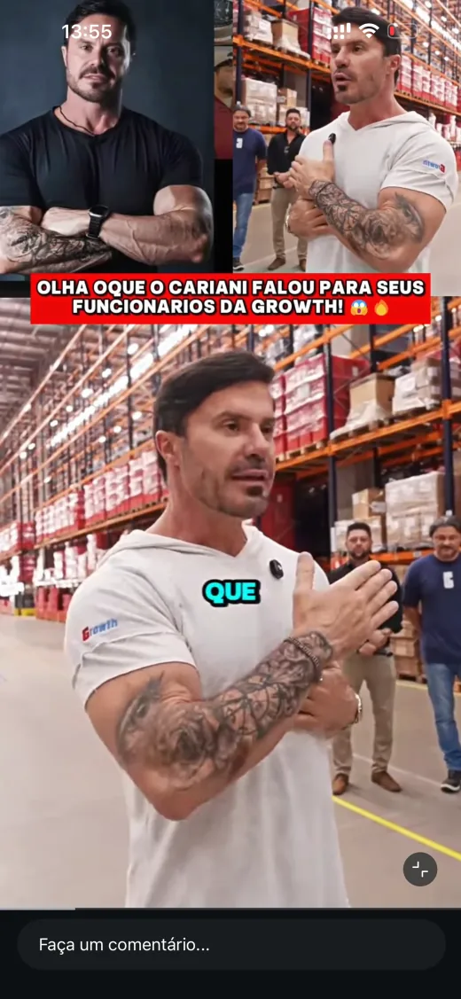 Corte com fala em um galpão e montagem de imagens de apoio.